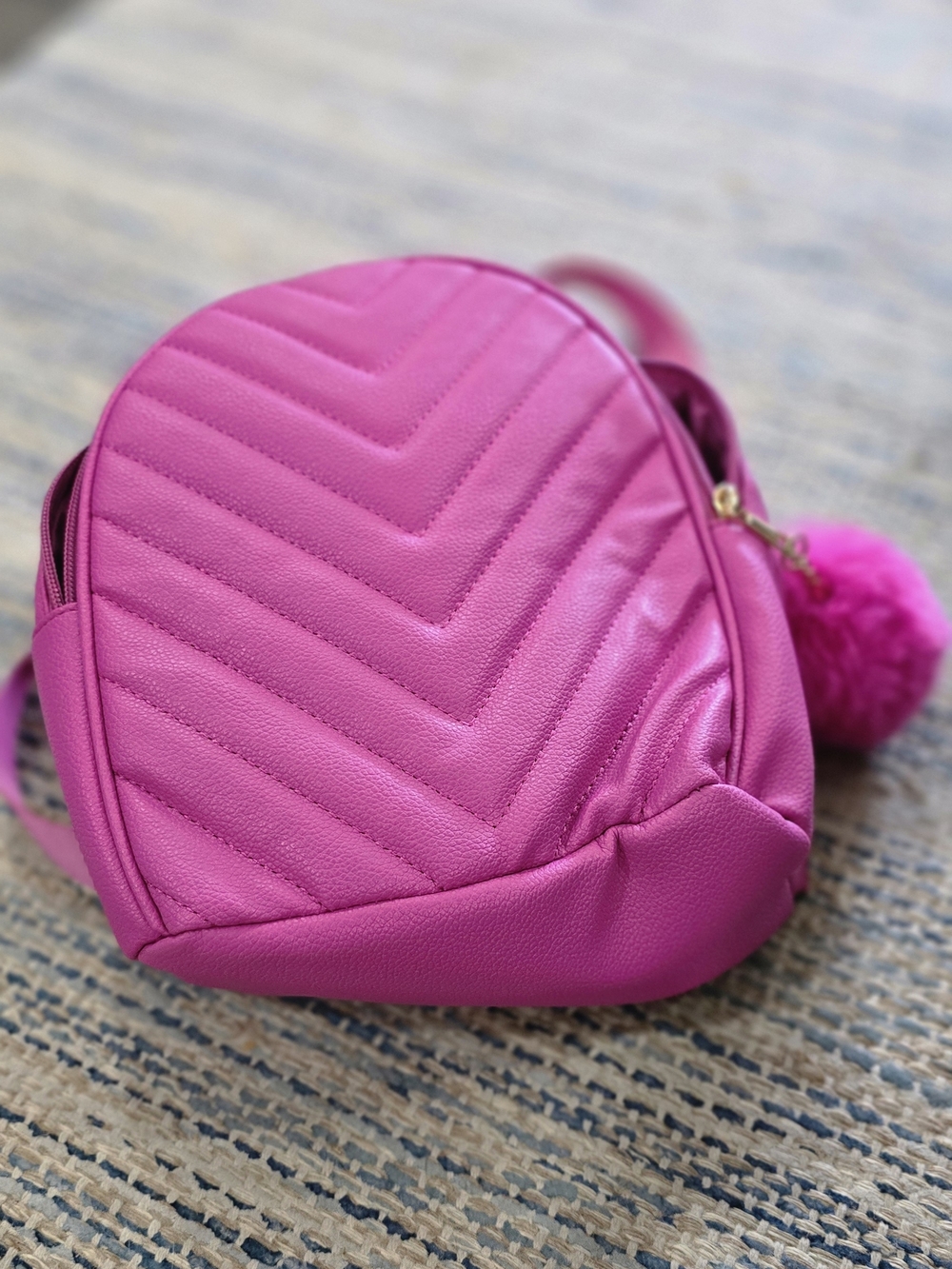 Hot Pink Quilted Heart Mini Backpack with Pom Pom